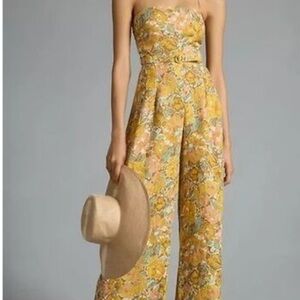 Anthropologie Yellow and Blue Floral Jumpsuit Sz XL